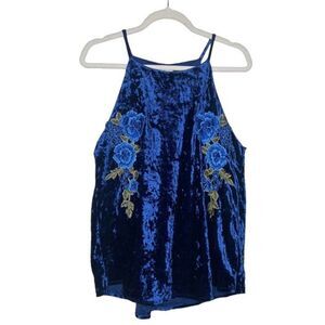 Charming Charlie Floral Applique Crushed Velvet Cami Tank Top Blue Green Large